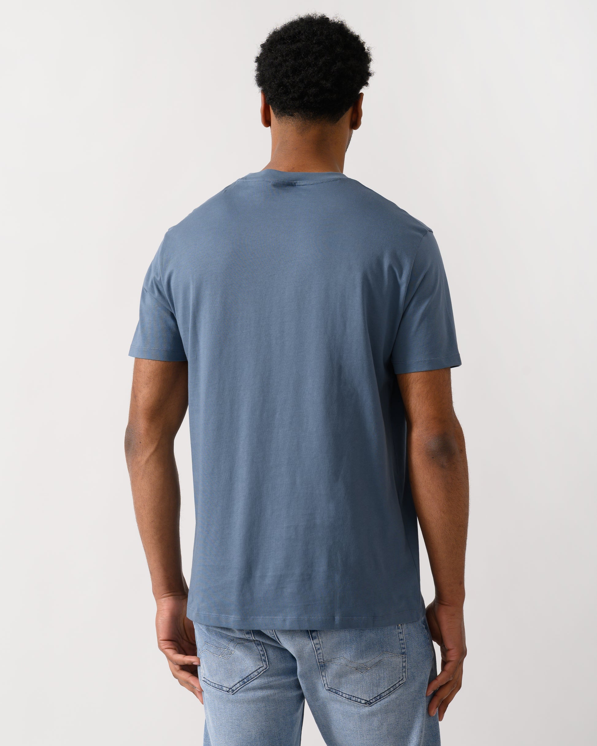 back shot of a model wearing a Armani Exchange Mens T-Shirt with Small Milano-New York Logo in China Blue