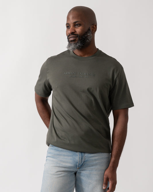 Model wearing an Armani Exchange Mens T-Shirt with Tonal Milano/New York Logo in Chimera
