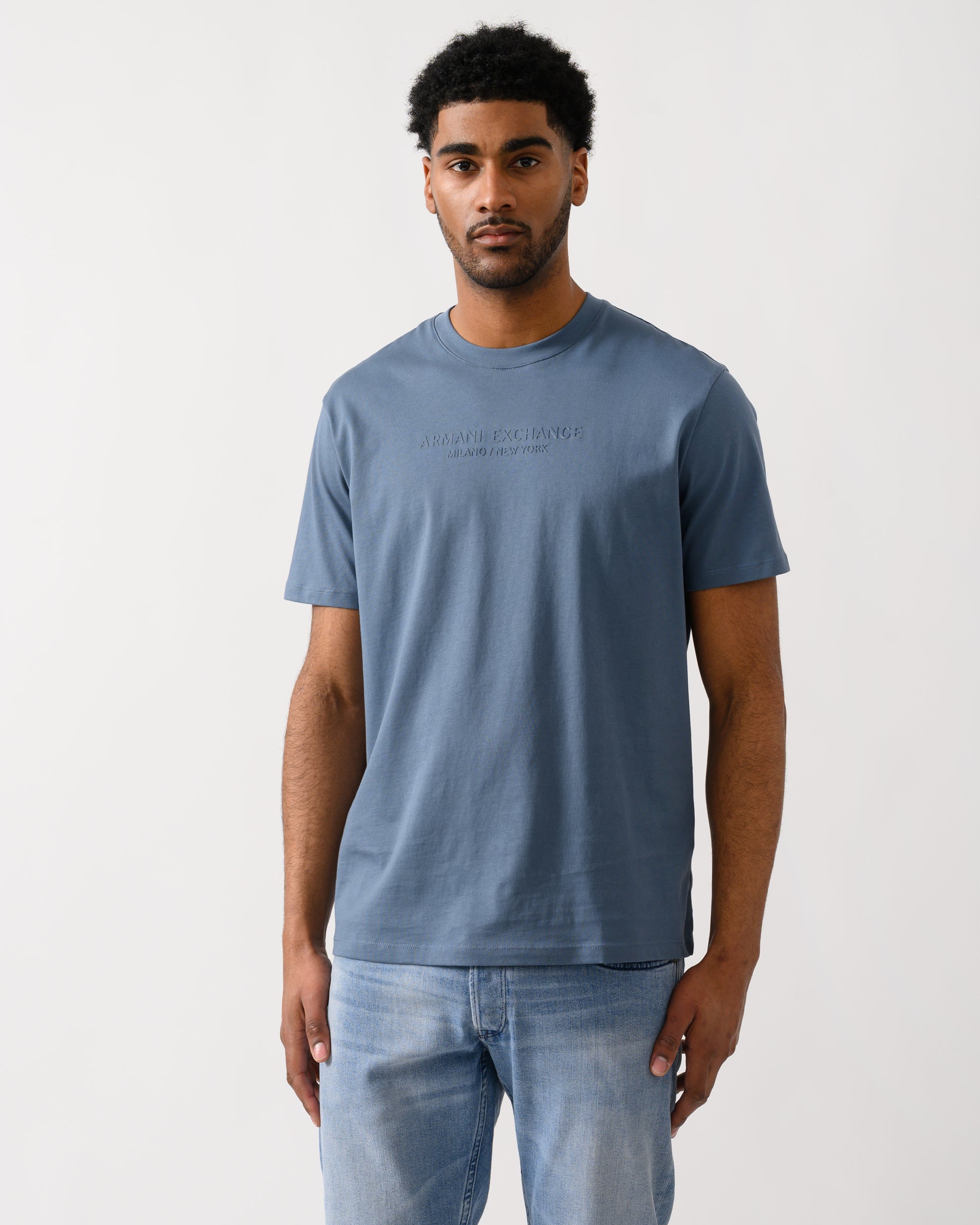 Model wearing an Armani Exchange Mens T-Shirt with Tonal Milano/New York Logo in China Blue U9302