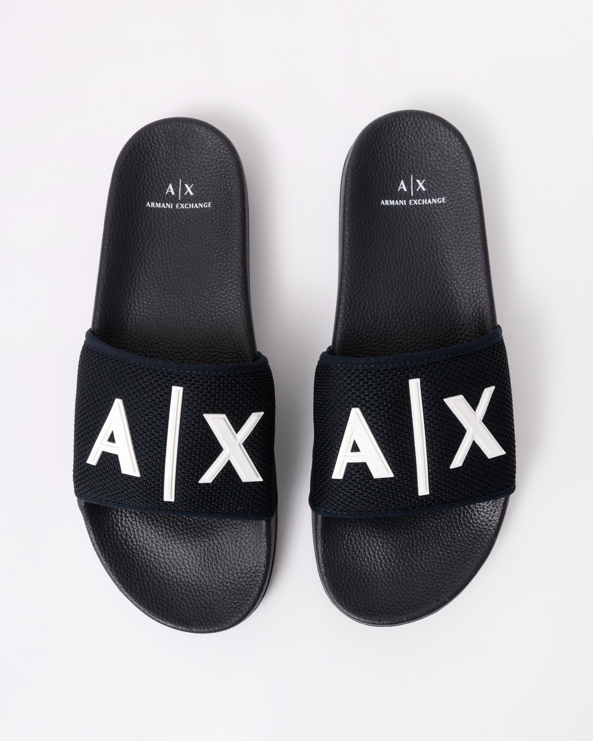 Armani Exchange Mesh A|X Logo Sliders - Deep Navy/Off White U385 - top view