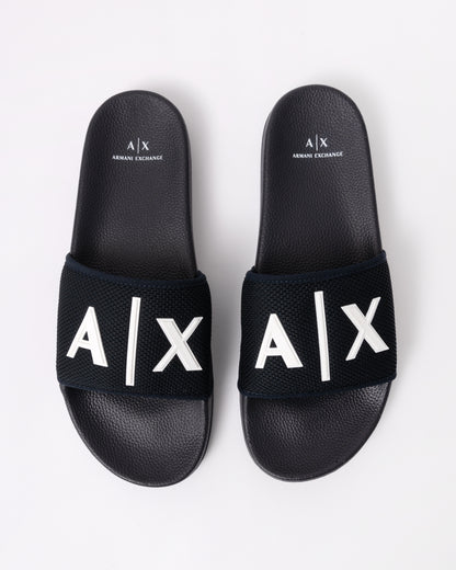 Armani Exchange Mesh A|X Logo Sliders - Deep Navy/Off White U385 - top view