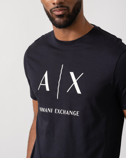 Model wearing Armani Exchange AX Logo T-Shirt in Deep Navy UB101 - Detail