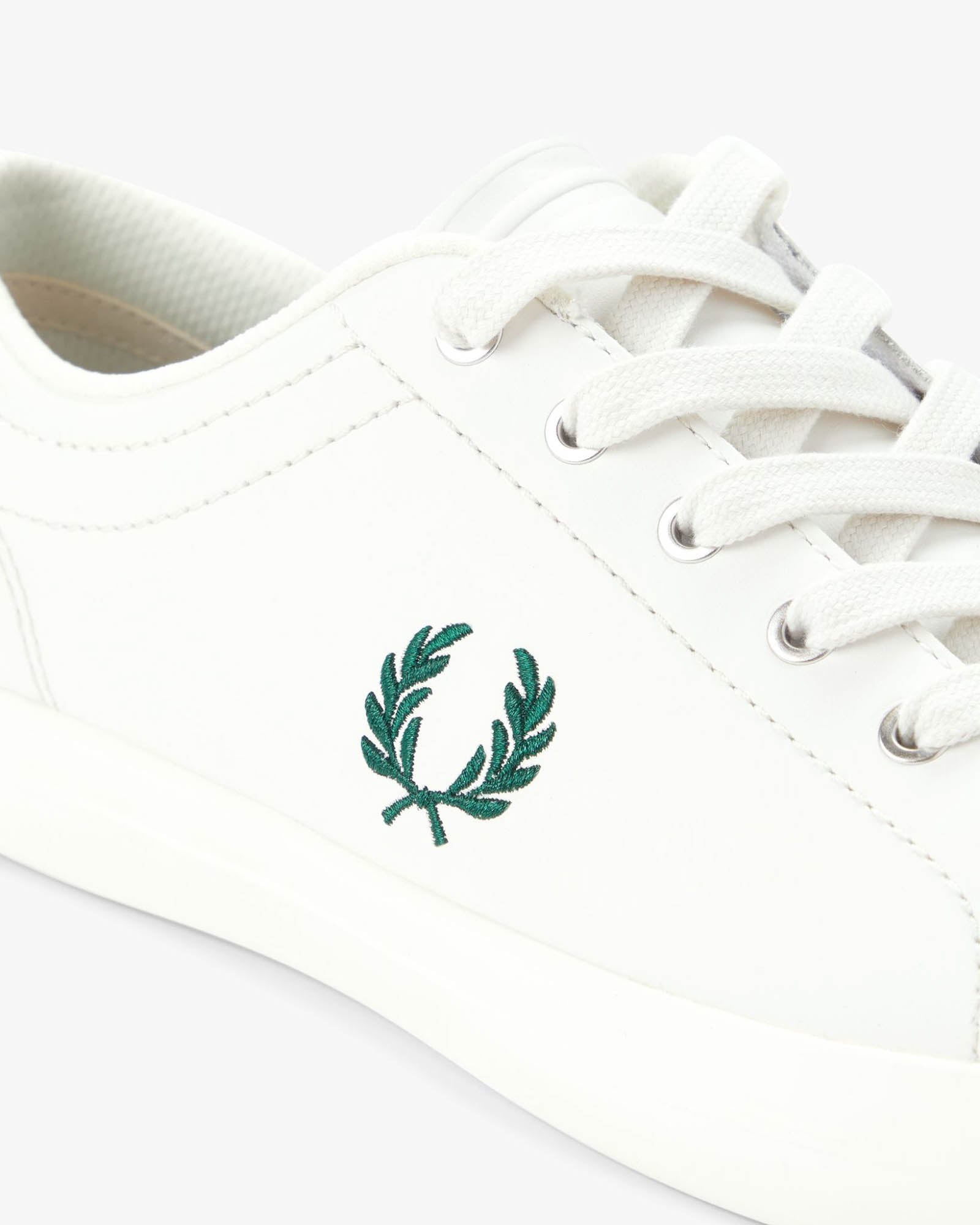 Fred Perry Mens Baseline Leather Trainers in Snow White 303 - Logo detail