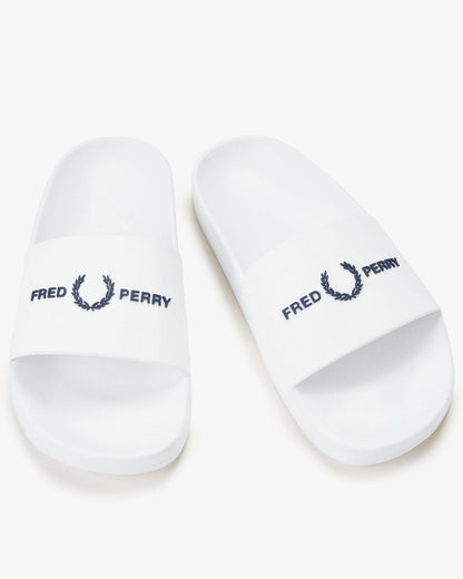 Fred Perry Mens Branded Slider - White/Navy 100 | CHO | Designer Mens Sandals