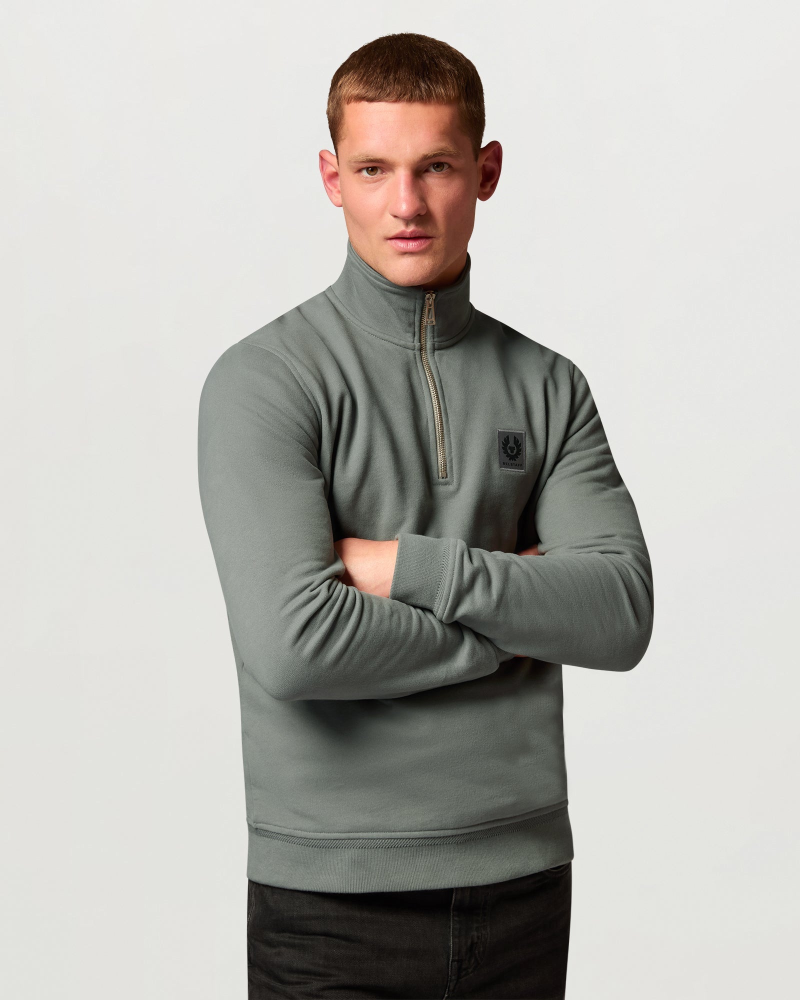 Belstaff Mens Logo Quarter Zip Sweatshirt - Atlantic Grey | CHO | Designer Mens Quarter Zip Sweatshirts