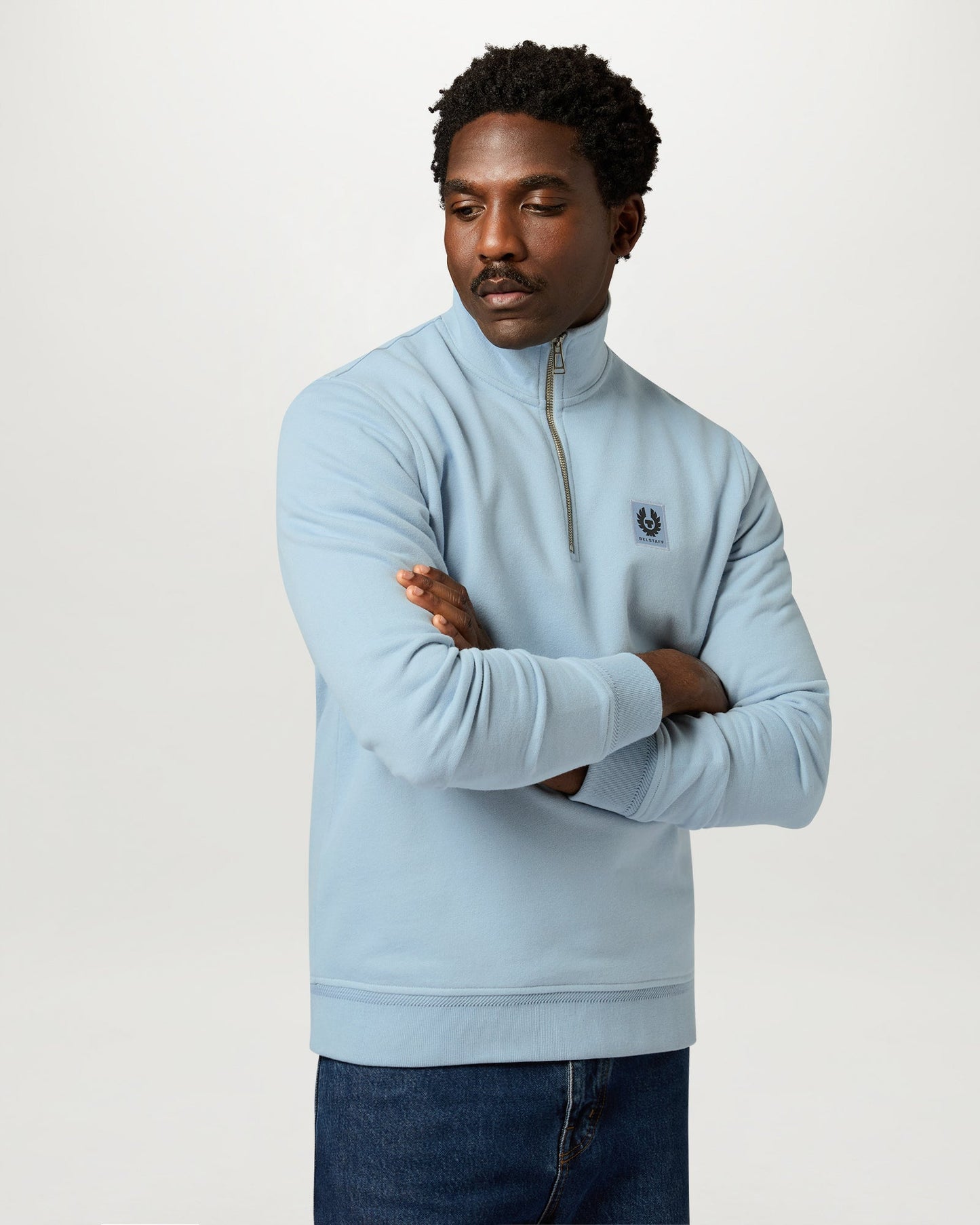 Belstaff Mens Logo Quarter Zip Sweatshirt - Mist Blue | CHO | Designer Mens Quarter Zip Sweatshirts