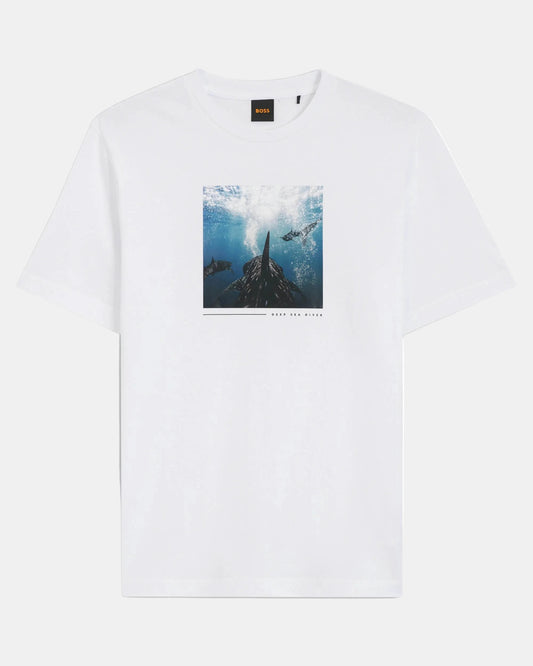 BOSS Orange Te Creature Mens Graphic Print T-Shirt - Natural 101 | CHO | Designer Mens Short Sleeve T-Shirts