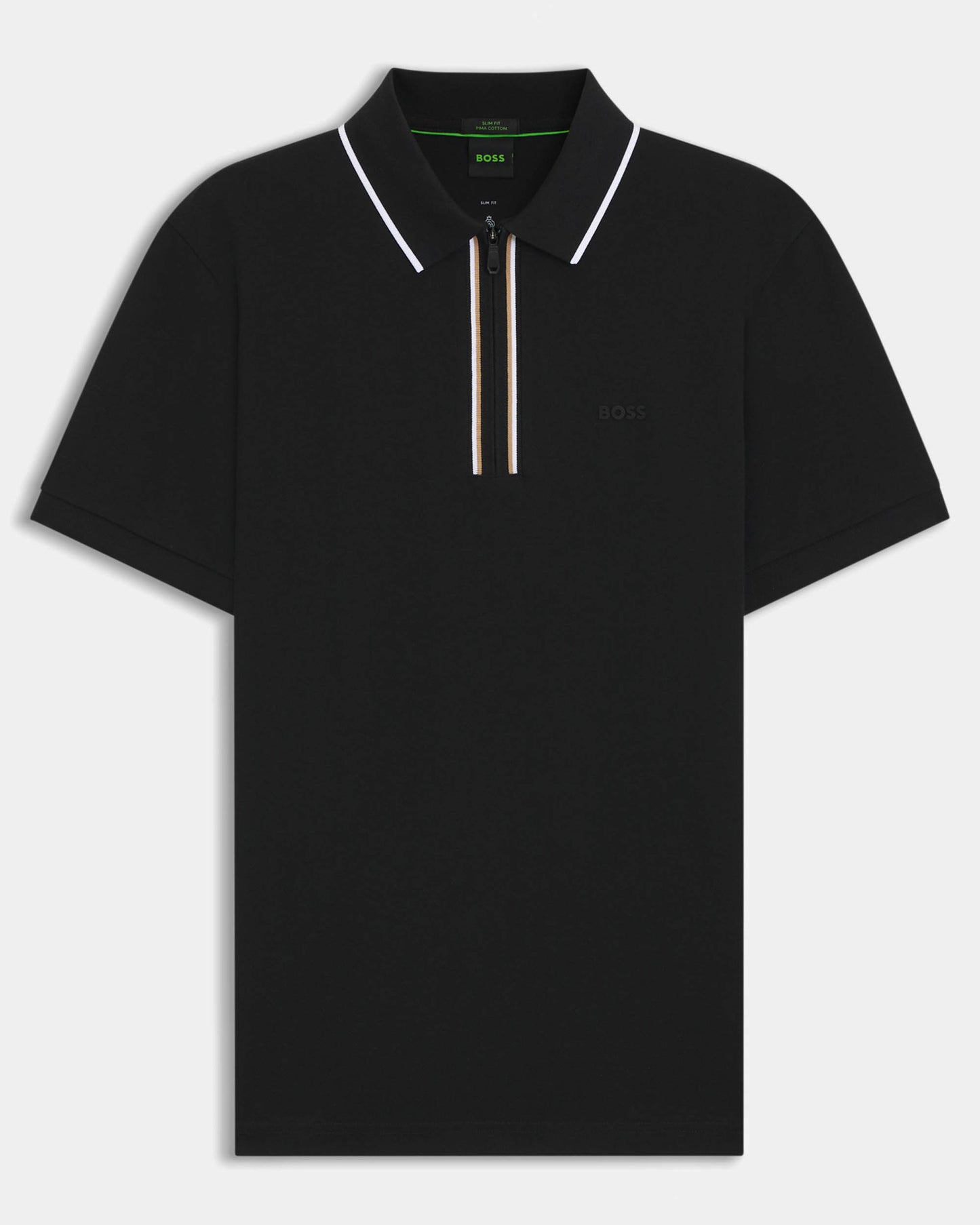 BOSS Green Philix Mens Slim Fit Zip Polo Shirt in Moisture-Wicking Stretch Cotton- Black 001 - CHO - Designer Mens Short Sleeve Polo Shirts