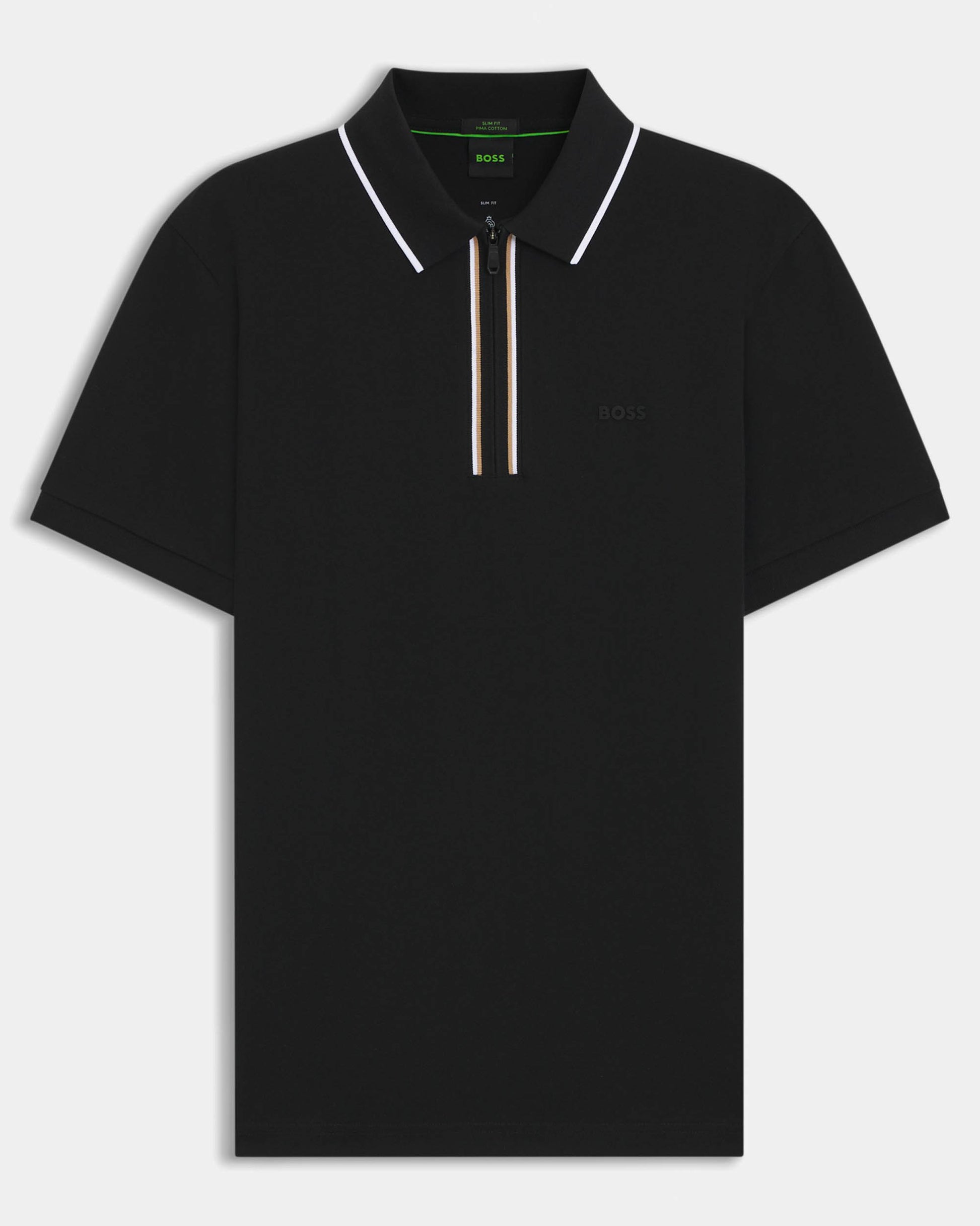 BOSS Green Philix Mens Slim Fit Zip Polo Shirt in Moisture-Wicking Stretch Cotton- Black 001 - CHO - Designer Mens Short Sleeve Polo Shirts