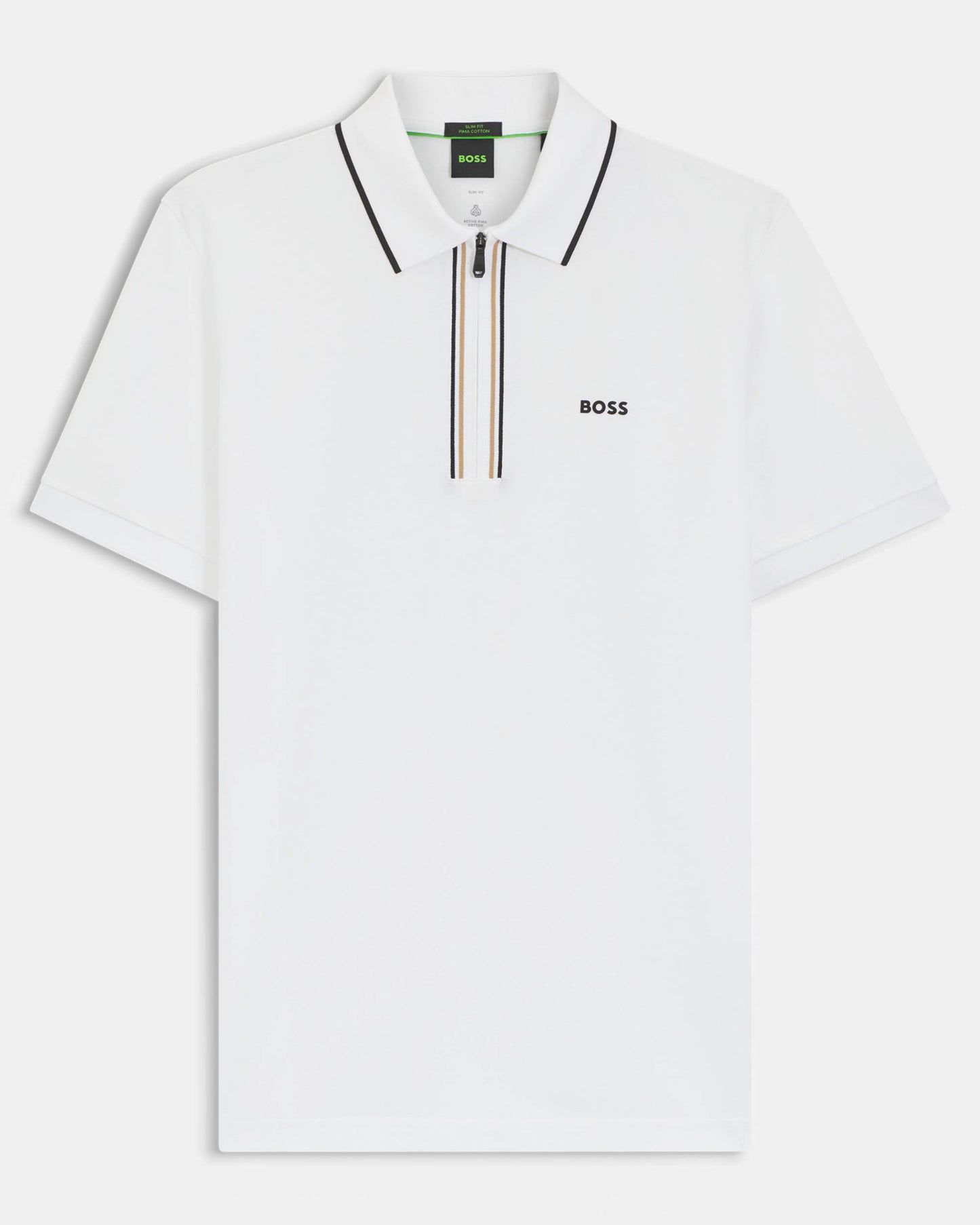 BOSS Green Philix Mens Slim Fit Zip Polo Shirt in Moisture-Wicking Stretch Cotton - White 100 - CHO - Designer Mens Short Sleeve Polo Shirts