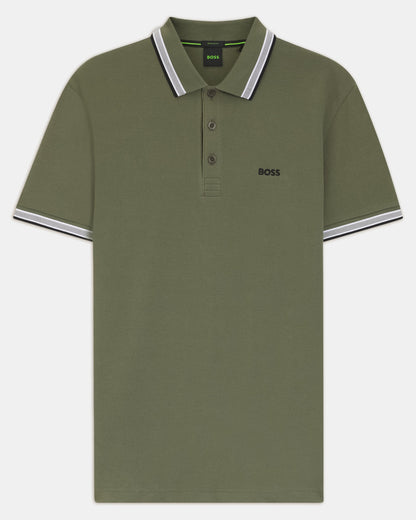 BOSS Green Paddy Mens Cotton-Piqué Polo Shirt with Contrast Logo - Dark Beige 258 - CHO - Designer Mens Short Sleeve Polo Shirts