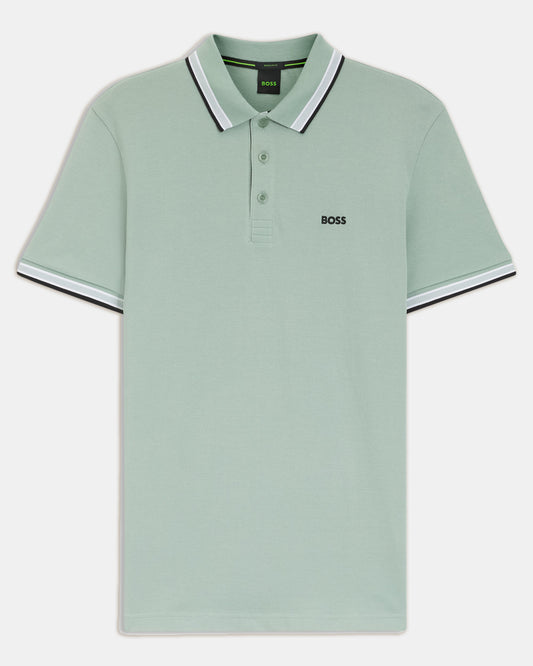 BOSS Green Paddy Mens Cotton-Piqué Polo Shirt with Contrast Logo - Open Green 360 - CHO - Designer Mens Short Sleeve Polo Shirts