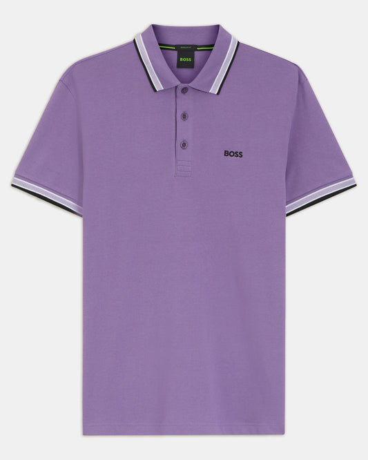 BOSS Green Paddy Mens Cotton-Piqué Polo Shirt with Contrast Logo - Bright Purple 521 - CHO - Designer Mens Short Sleeve Polo Shirts