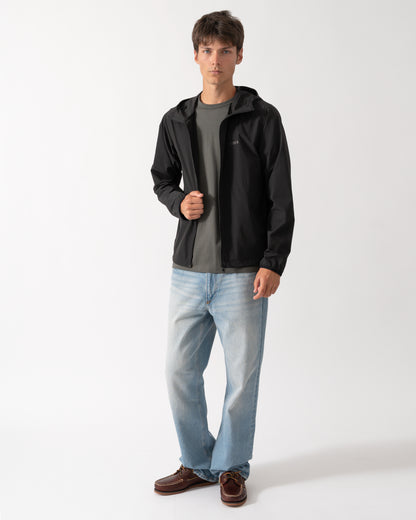 full length of a model wearing a BOSS Green Airynix Mens Hooded Jacket in Black 001