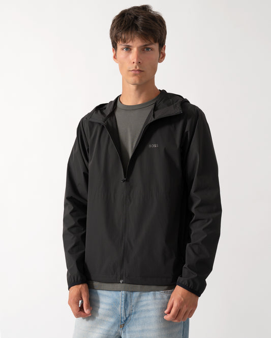 model wearing a BOSS Green Airynix Mens Hooded Jacket in Black 001