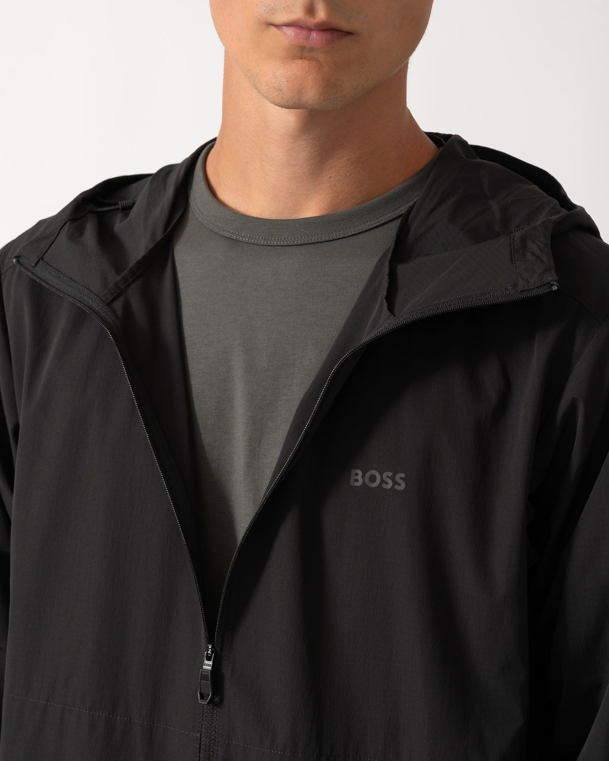 close up of model wearing a BOSS Green Airynix Mens Hooded Jacket in Black 001
