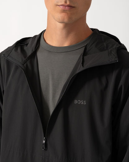 close up of model wearing a BOSS Green Airynix Mens Hooded Jacket in Black 001