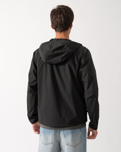 back of a model wearing a BOSS Green Airynix Mens Hooded Jacket in Black 001