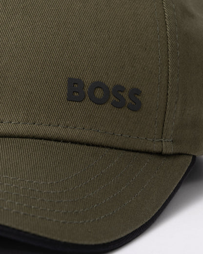 logo detail of a BOSS Green Bold Mens Logo-Print Cap In Cotton Twill in Open Green 398