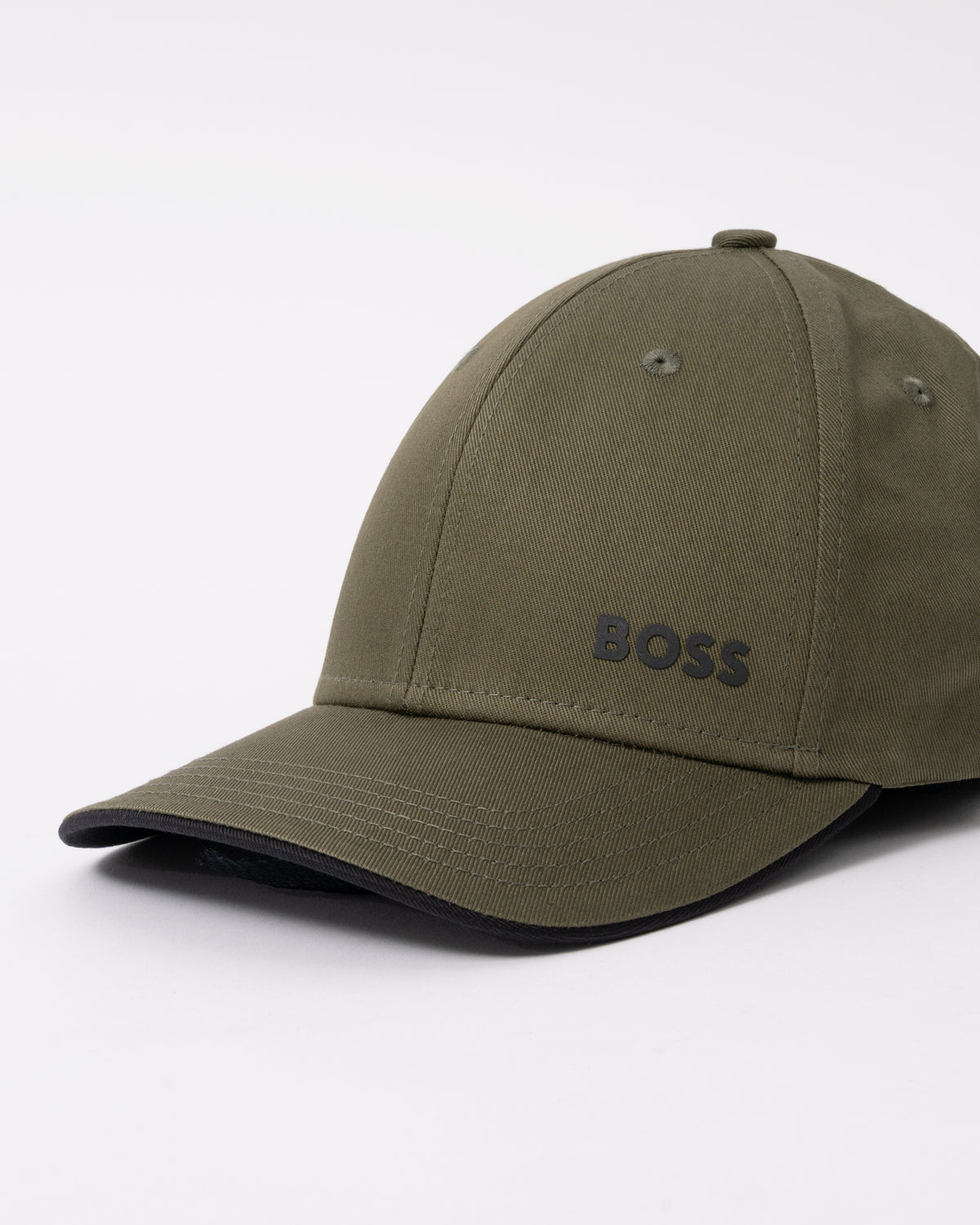 side view of a BOSS Green Bold Mens Logo-Print Cap In Cotton Twill in Open Green 398