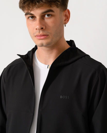 close up shot of model wearing a BOSS Green CommuterPro Mens Jacket in Black 001