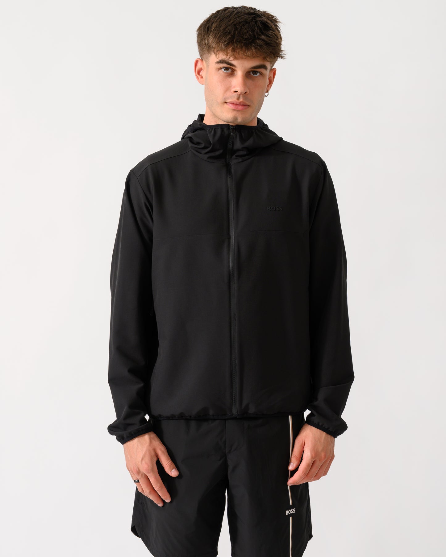 wide shot of model wearing a BOSS Green CommuterPro Mens Jacket in Black 001
