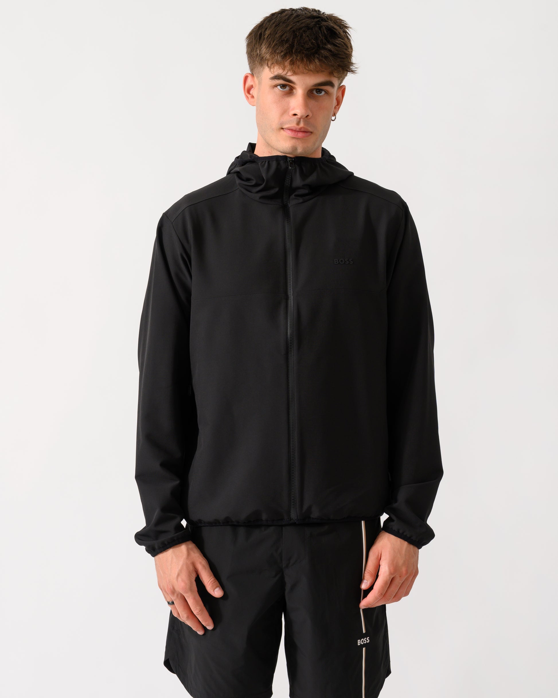 wide shot of model wearing a BOSS Green CommuterPro Mens Jacket in Black 001
