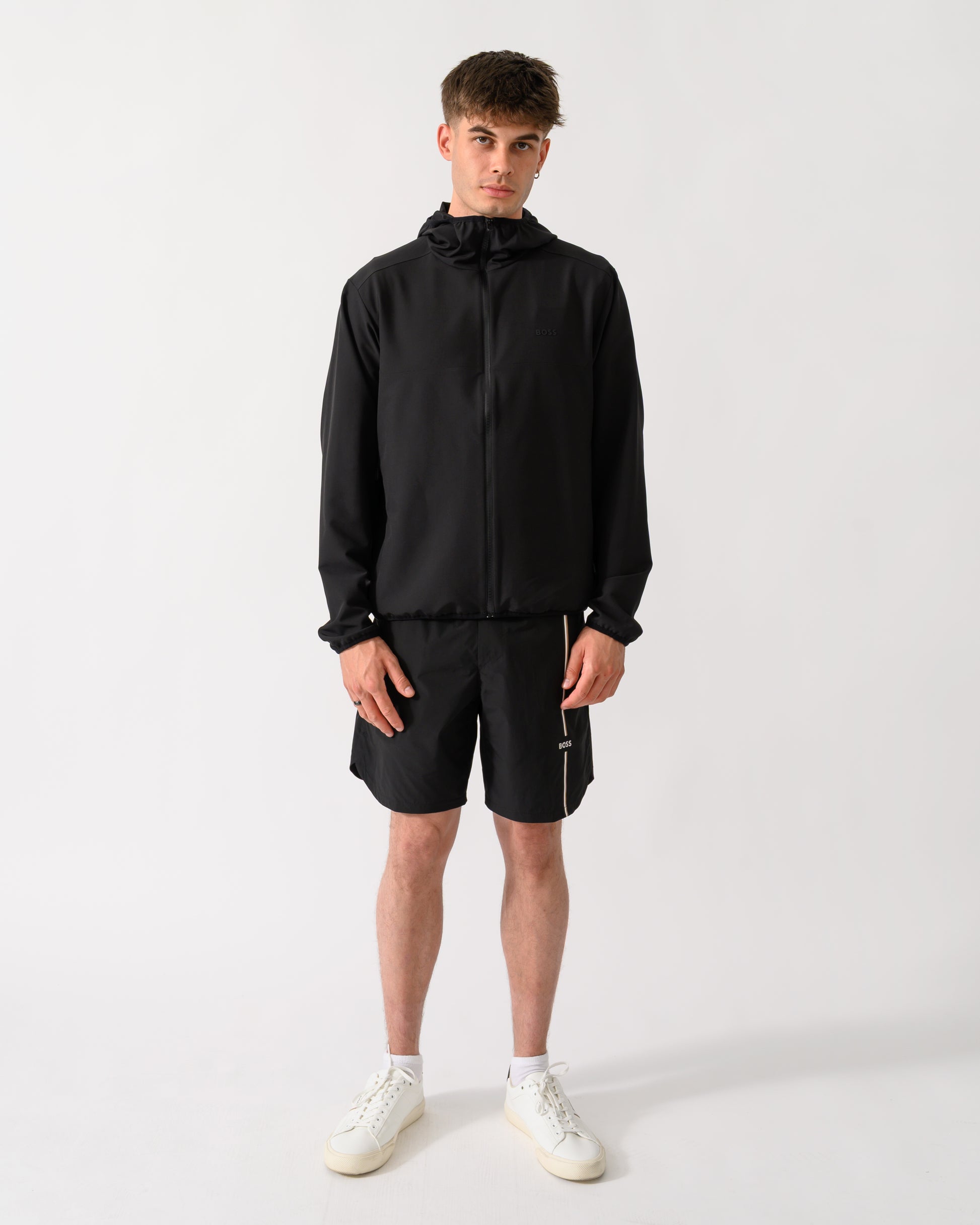full length shot of model wearing a BOSS Green CommuterPro Mens Jacket in Black 001