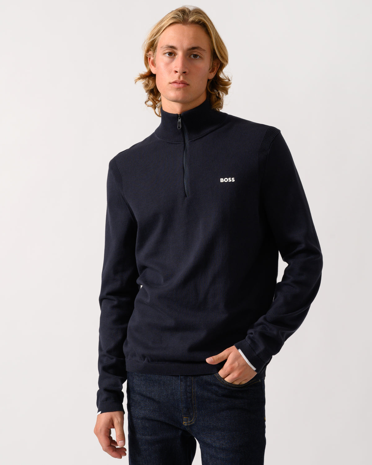 model wearing a BOSS Green Ever-X Mens Cotton sweater with quarter zip in Dark Blue 402
