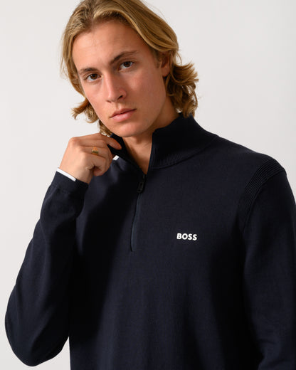 close up of model wearing a BOSS Green Ever-X Mens Cotton sweater with quarter zip in Dark Blue 402