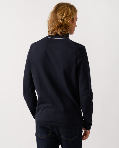 back of a model wearing a BOSS Green Ever-X Mens Cotton sweater with quarter zip in Dark Blue 402