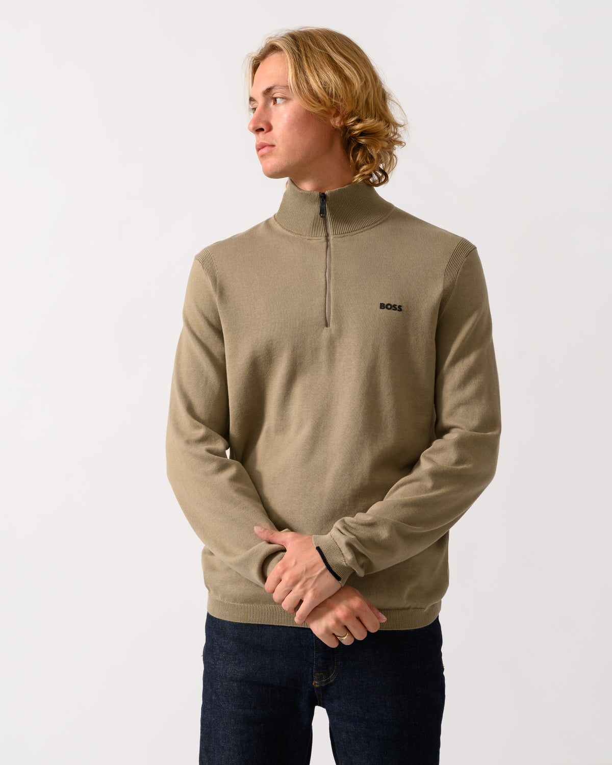 model wearing a BOSS Green Ever-X Mens Cotton sweater with quarter zip in Light 334