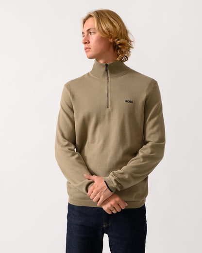 model wearing a BOSS Green Ever-X Mens Cotton sweater with quarter zip in Light 334