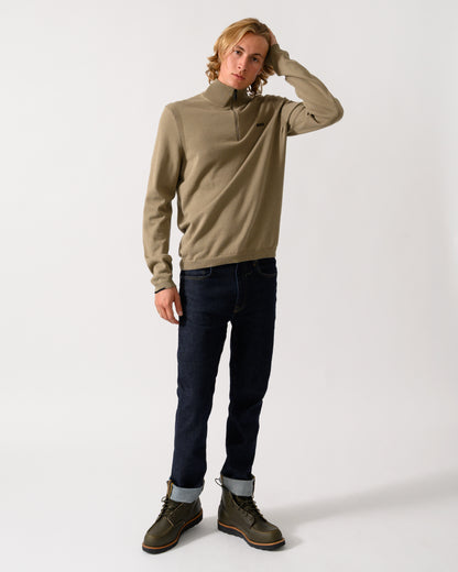 full length of a model wearing a BOSS Green Ever-X Mens Cotton sweater with quarter zip in Light 334