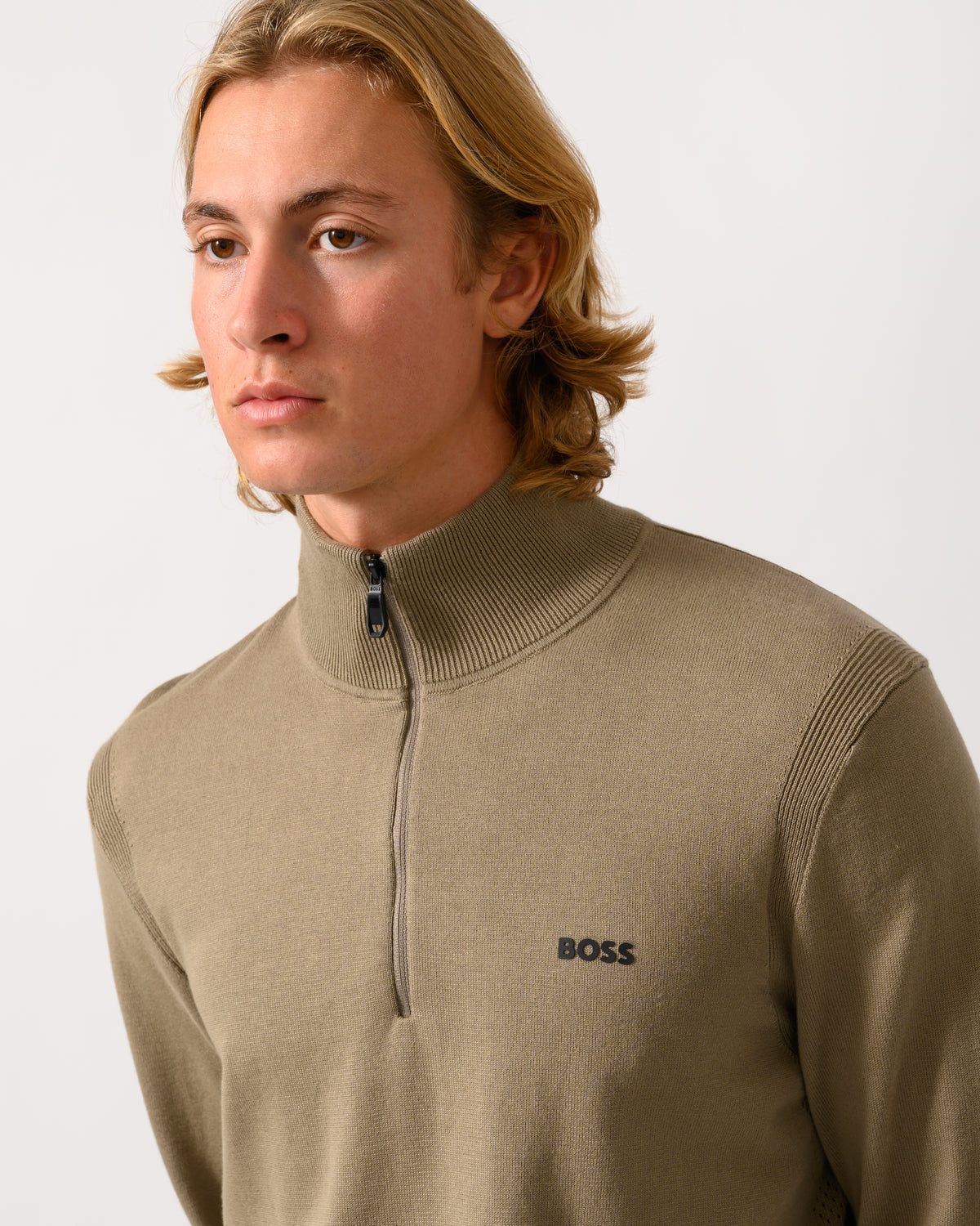 close up model wearing a BOSS Green Ever-X Mens Cotton sweater with quarter zip in Light 334