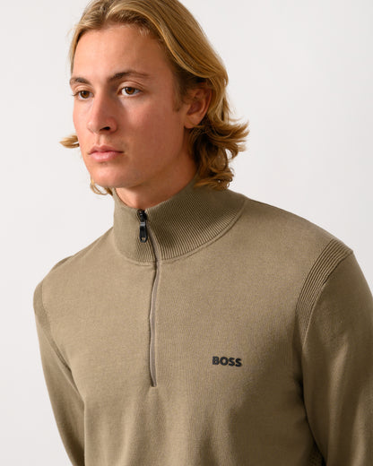 close up model wearing a BOSS Green Ever-X Mens Cotton sweater with quarter zip in Light 334
