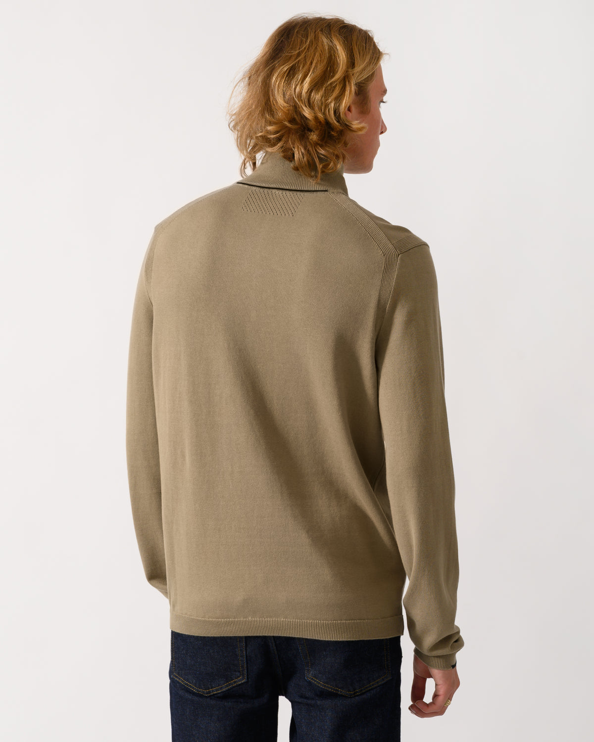 back of a model wearing a BOSS Green Ever-X Mens Cotton sweater with quarter zip in Light 334