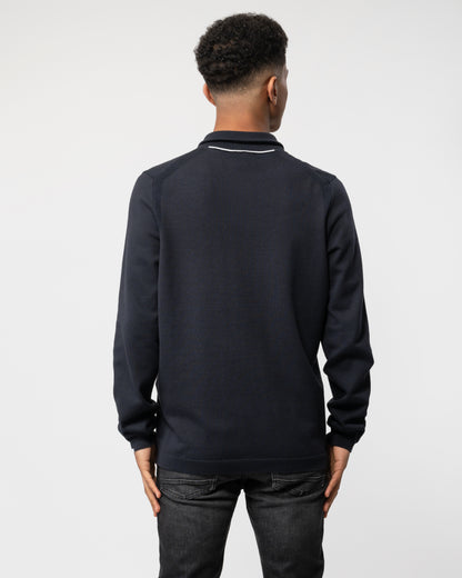 Back shot of a Model wearing a BOSS Green Ever-X Mens Cotton Blend Zip-Neck Sweater with Logo Print in Dark Blue