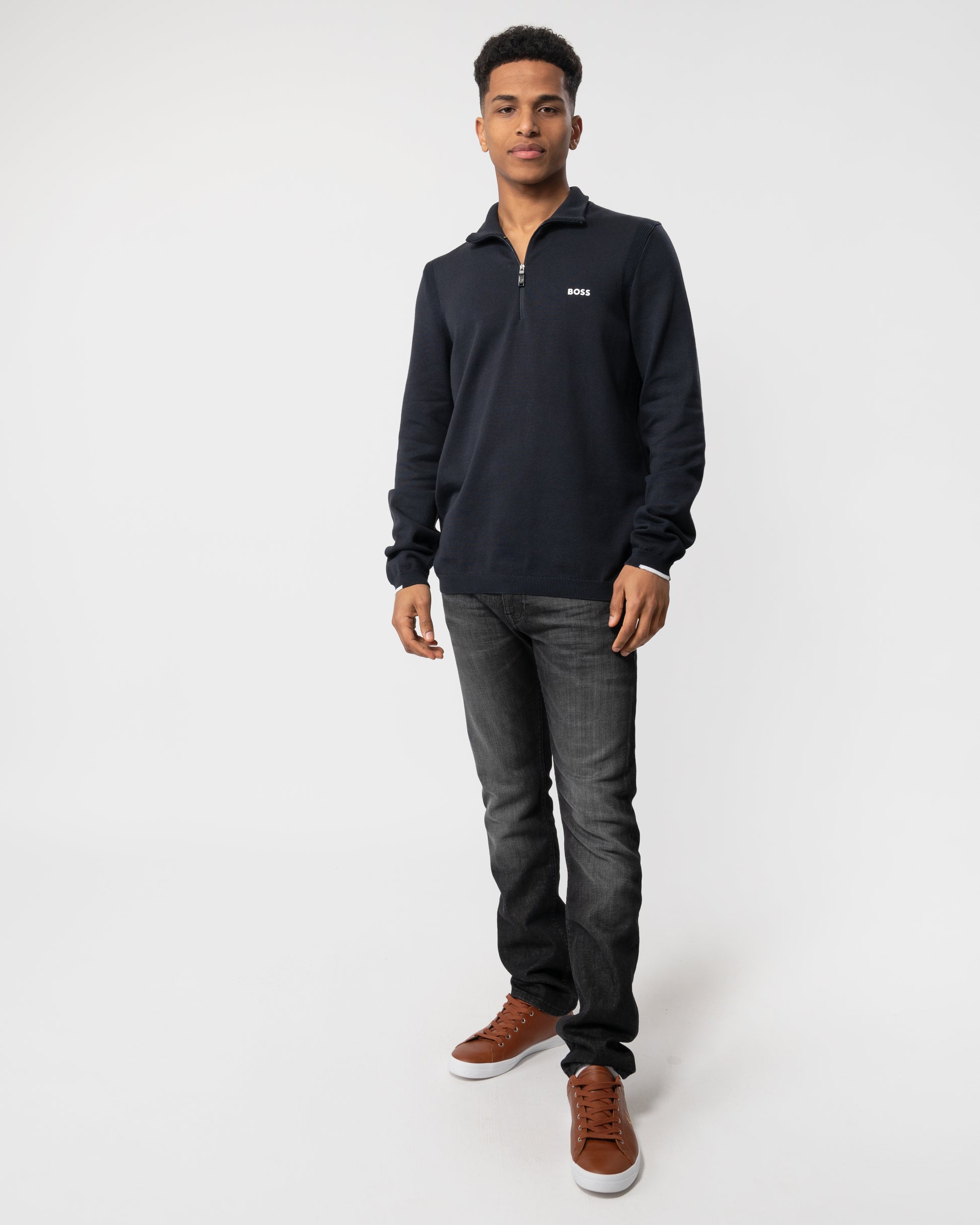 Full length shot of a Model wearing a BOSS Green Ever-X Mens Cotton Blend Zip-Neck Sweater with Logo Print in Dark Blue