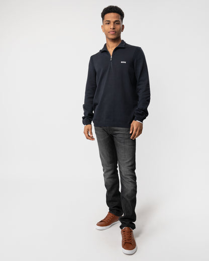 Full length shot of a Model wearing a BOSS Green Ever-X Mens Cotton Blend Zip-Neck Sweater with Logo Print in Dark Blue