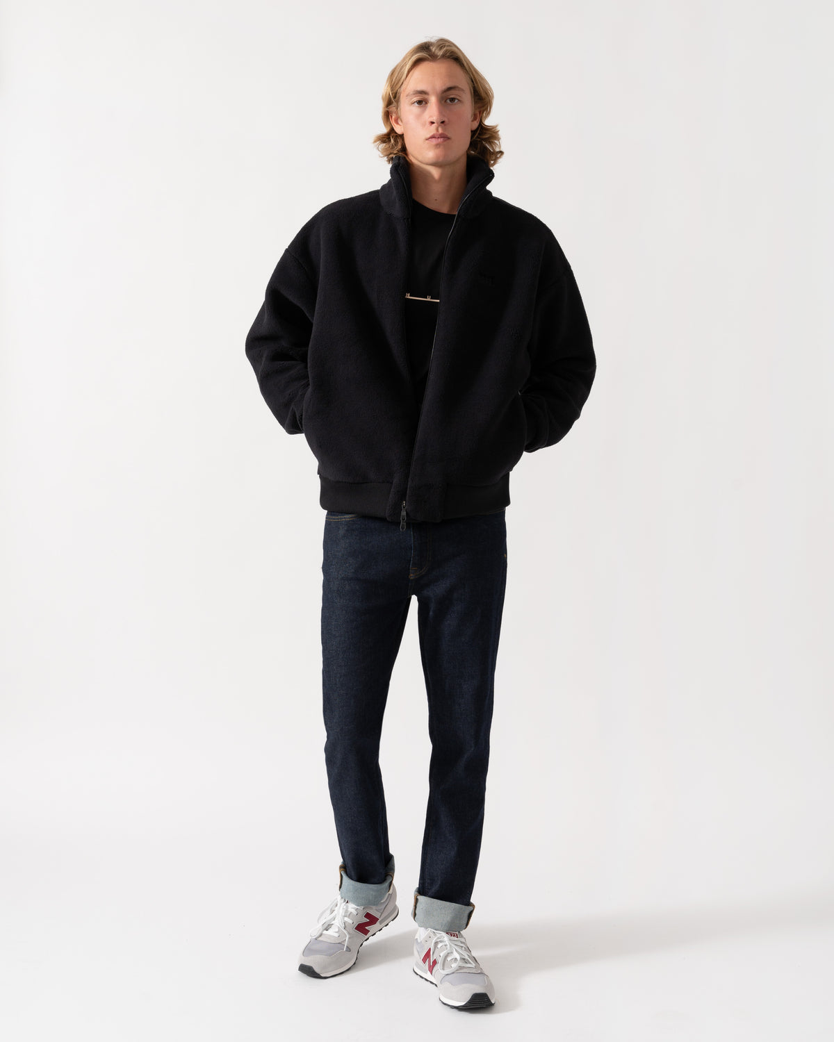 Outfit shot of the BOSS Green Mens  Logo-embroidered zip-up sweatshirt in teddy fleece - Black 001