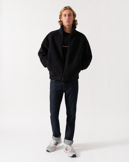 Outfit shot of the BOSS Green Mens  Logo-embroidered zip-up sweatshirt in teddy fleece - Black 001