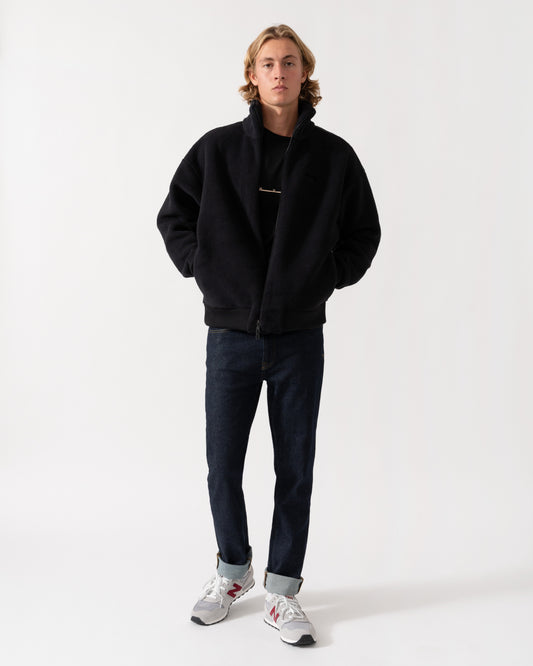 Outfit shot of the BOSS Green Mens  Logo-embroidered zip-up sweatshirt in teddy fleece - Black 001
