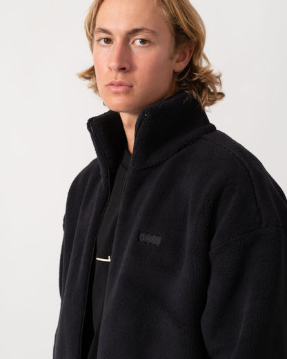 Close up on the BOSS Green Mens  Logo-embroidered zip-up sweatshirt in teddy fleece - Black 001