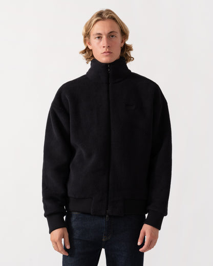Front shot of the BOSS Green Mens  Logo-embroidered zip-up sweatshirt in teddy fleece - Black 001