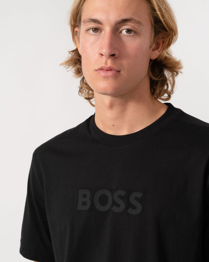 Logo on the BOSS Green Mens Relaxed-fit T-Shirt in stretch cotton with tonal logo - Black 001