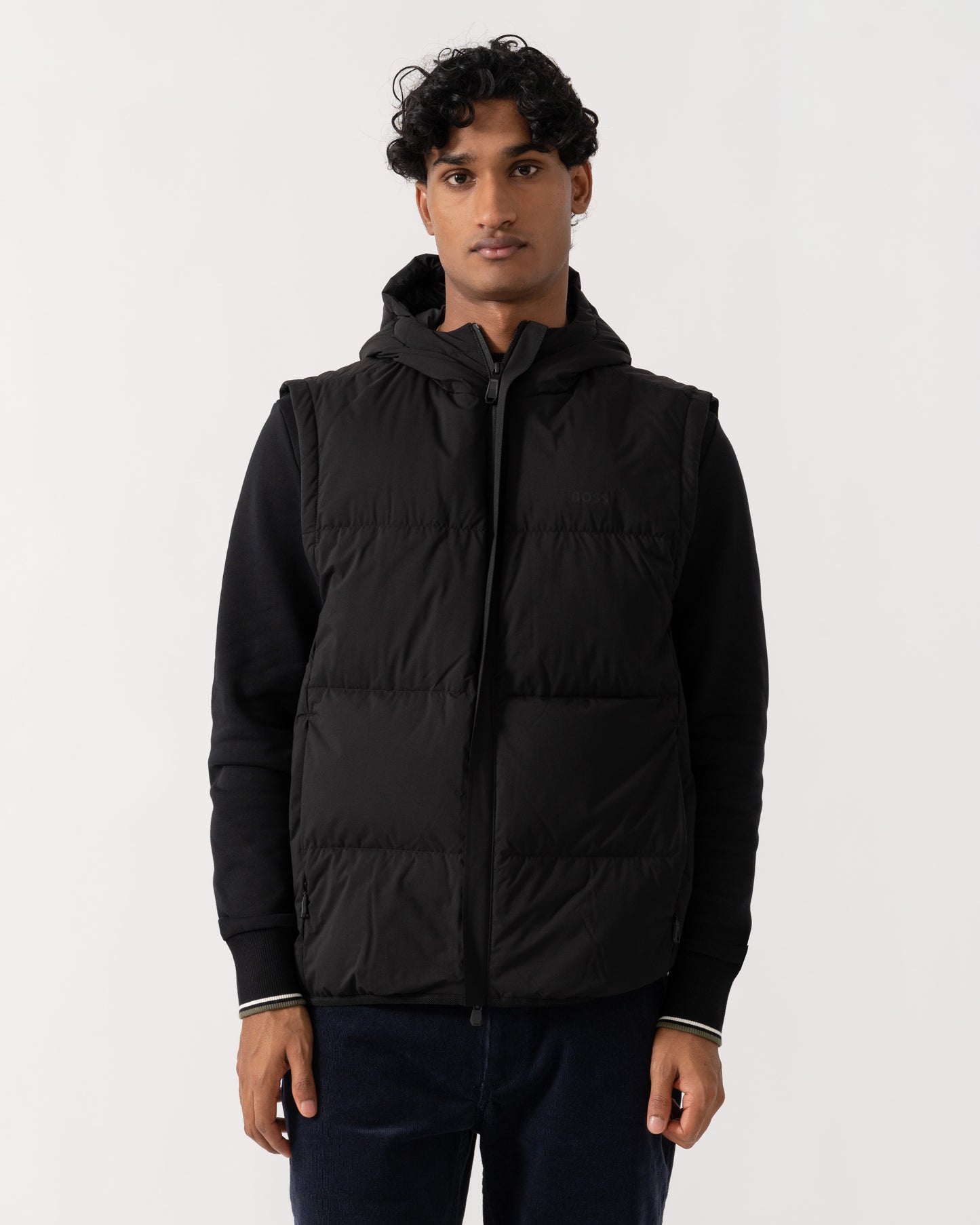Front of BOSS Green OW Riplite Mens Padded Gilet - Black 001