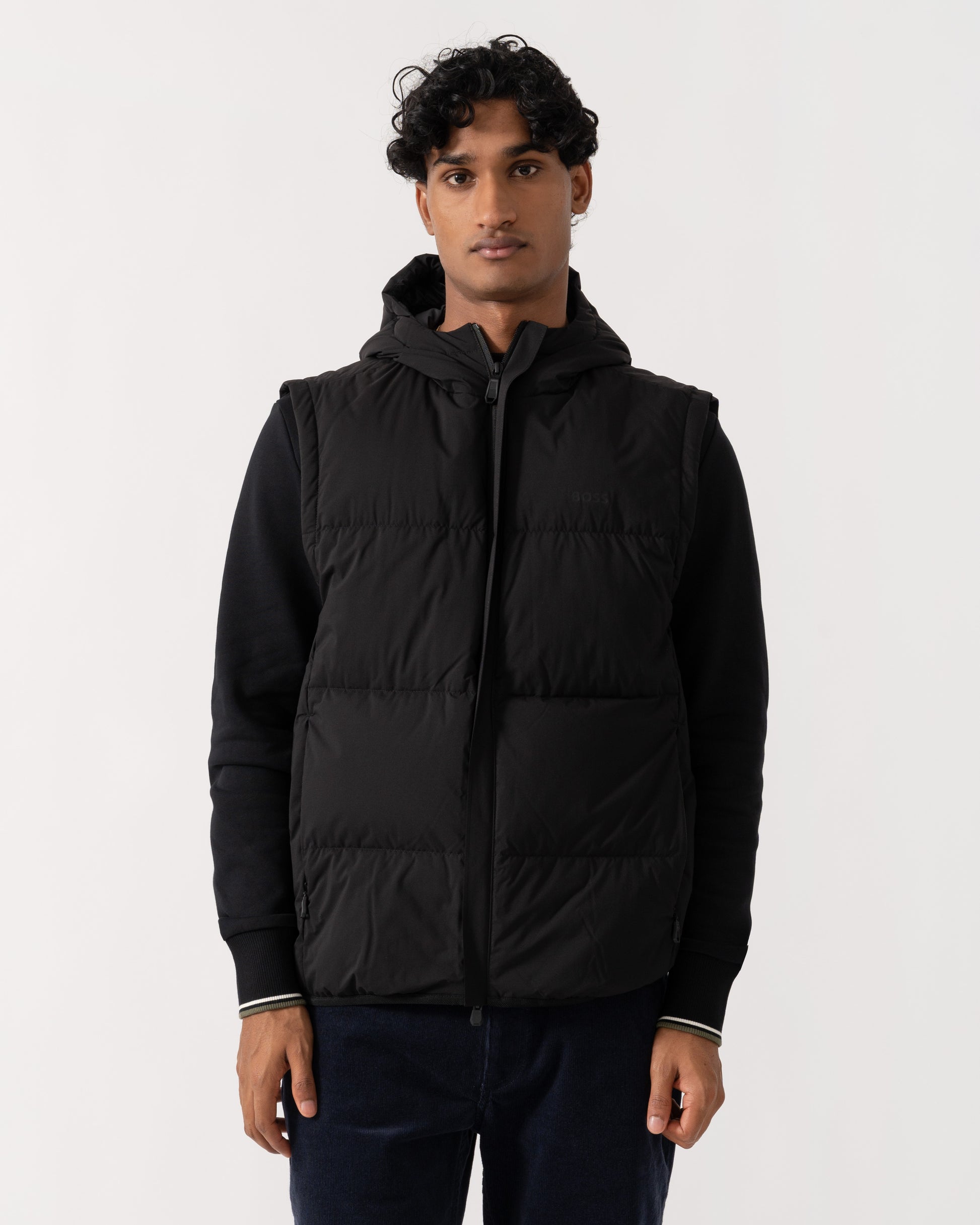 Front of BOSS Green OW Riplite Mens Padded Gilet - Black 001