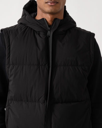 Close up of zip and logo of BOSS Green OW Riplite Mens Padded Gilet - Black 001