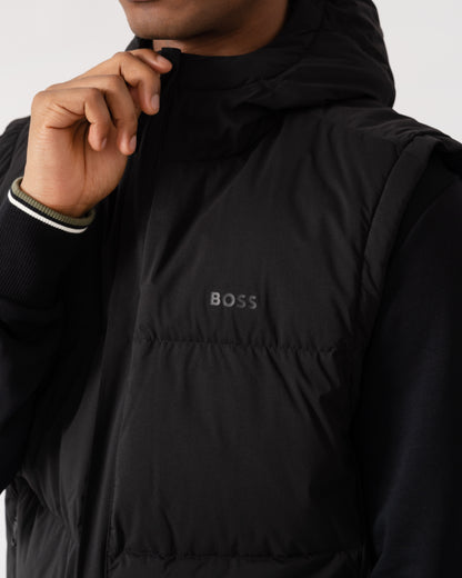 Logo close up of BOSS Green OW Riplite Mens Padded Gilet - Black 001